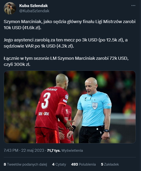 TYLE ZAROBI Szymon Marciniak za sędziowanie finału LM!