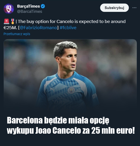 ZA TYLE Barcelona będzie mogła wykupić Cancelo!