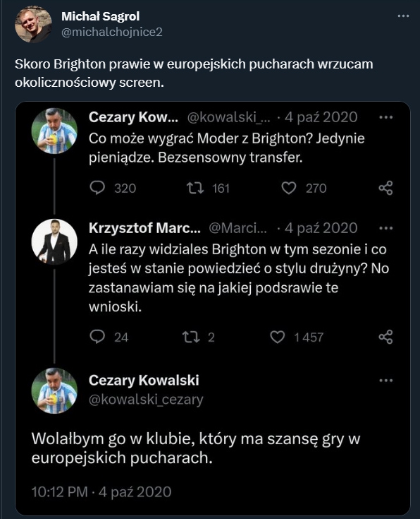 Pamiętny TWEET Cezarego Kowalskiego po transferze Modera do Brighton! :D