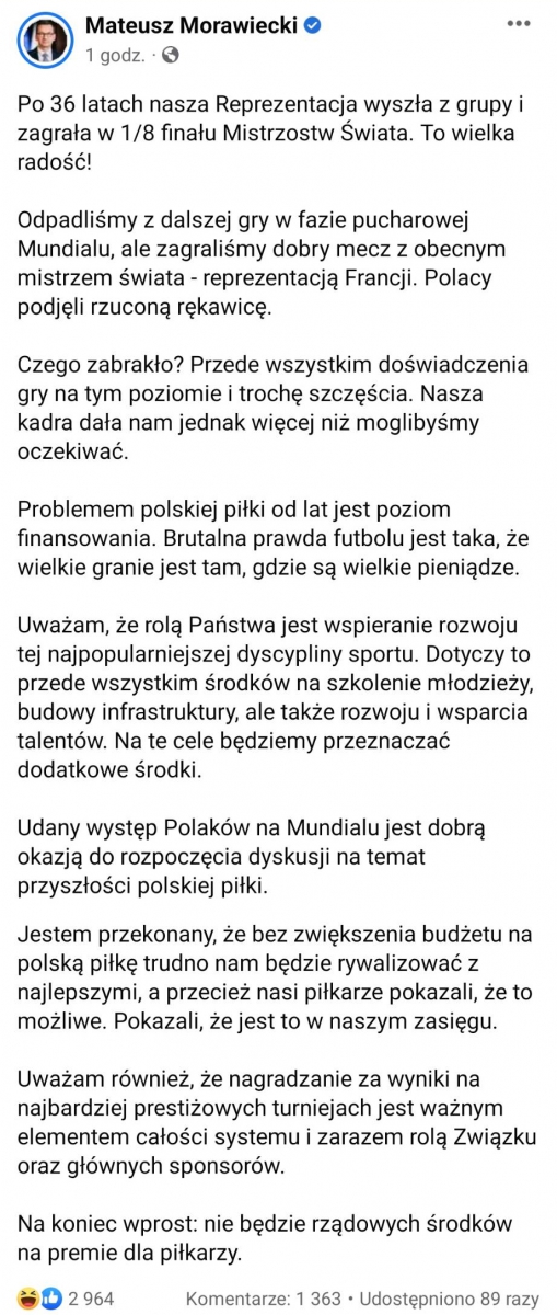 Mateusz Morawiecki ZABRAŁ GŁOS ws. premii dla piłkarzy!