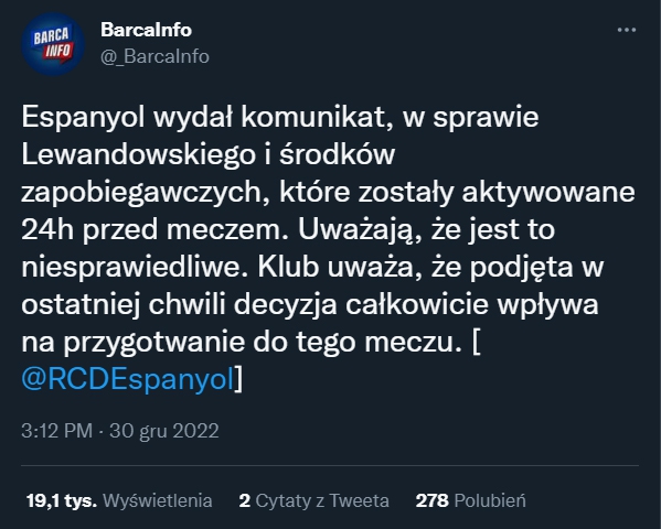 KOMUNIKAT Espanyolu nt. występu Lewandowskiego...