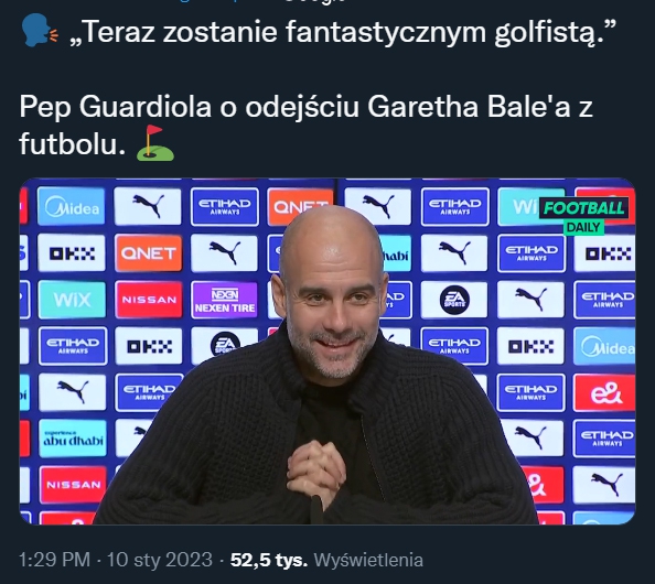 Pep Guardiola o zakończeniu piłkarskiej kariery przez Bale'a! xD