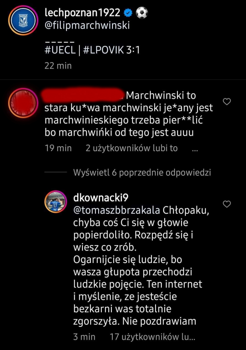 MOCNA odpowiedź Kownackiego na komentarz ''kibica'' pod postem Lecha!