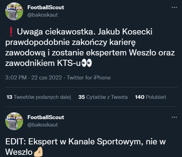 Jakub Kosecki ekspertem Kanału Sportowego i piłkarzem KTS Weszło?!