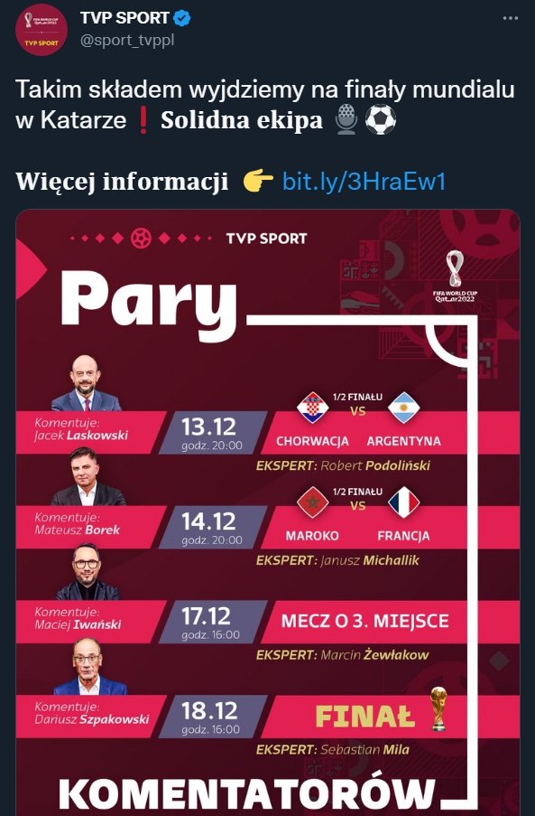 Znamy PARY KOMENTATORÓW TVP na ostatnie mecze Mundialu!