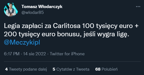 TYLE Legia Warszawa zapłaci za Carlitosa!