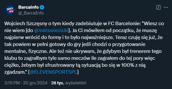 ODPOWIEDŹ Wojtka Szczęsnego na pytanie, kiedy zadebiutuje w Barcelonie... :D