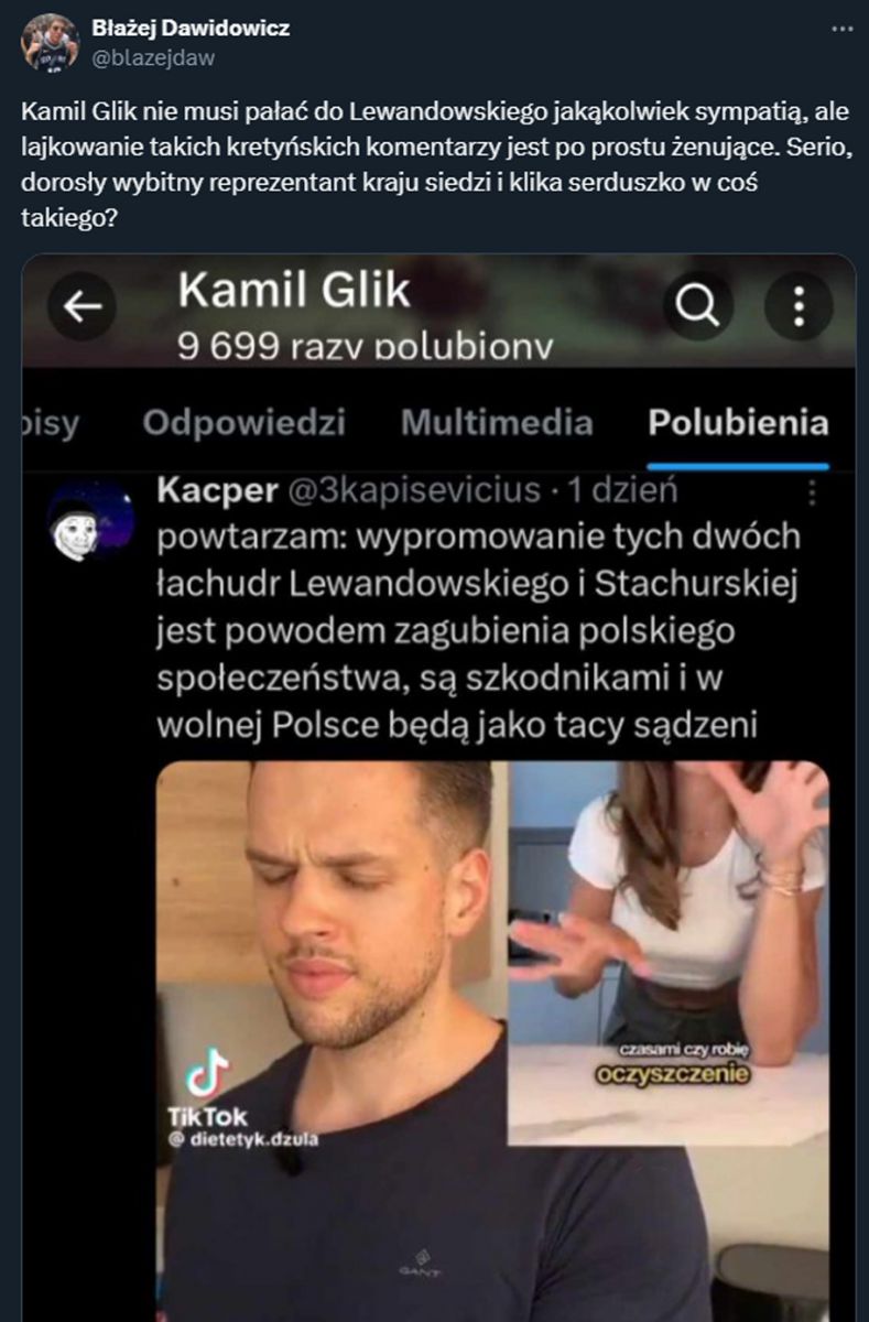 TAKI WPIS o Lewandowskich polajkował Kamil Glik...