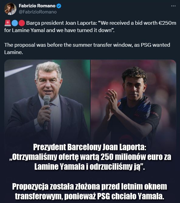 Laporta potwierdza! TAKĄ OFERTĘ otrzymała Barcelona za Yamala!