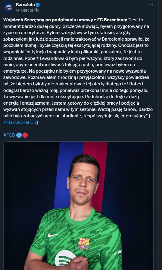 Szczęsny zdradza kulisy transferu do Barcelony: ''to on zadzwonił pierwszy...''