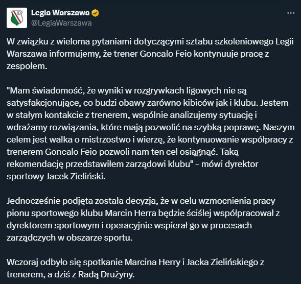 OŚWIADCZENIE Legii Warszawa ws. Gonçalo Feio!